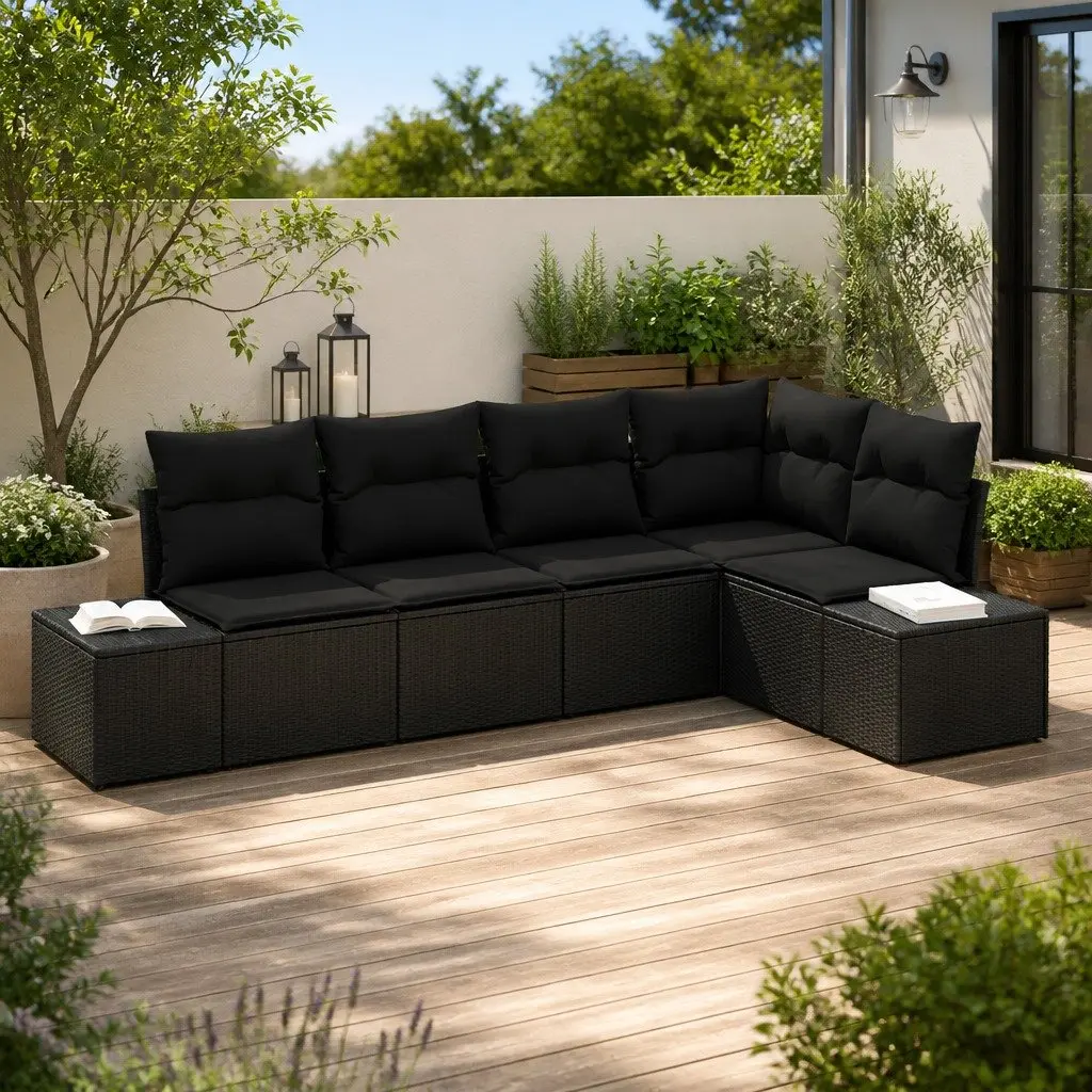 Modular 5-Piece Black Poly Rattan Garden Sofa Set