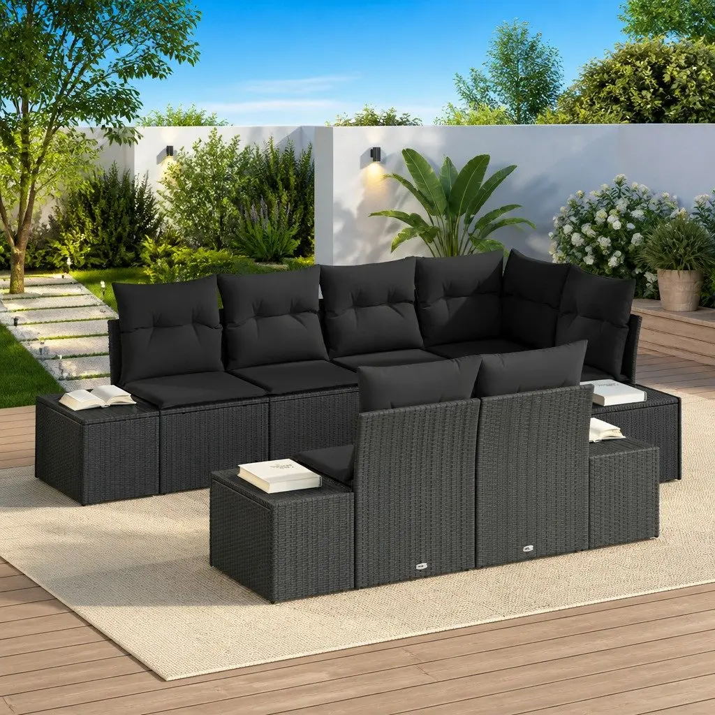 7-Piece Black Poly Rattan Garden Sofa Set for Outdoor Spaces