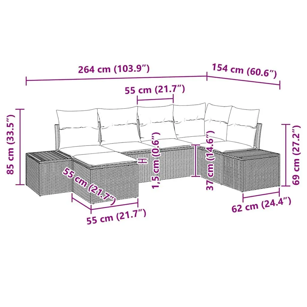Modular Garden Sofa Set Poly Rattan 6 Piece Outdoor Sectional Black