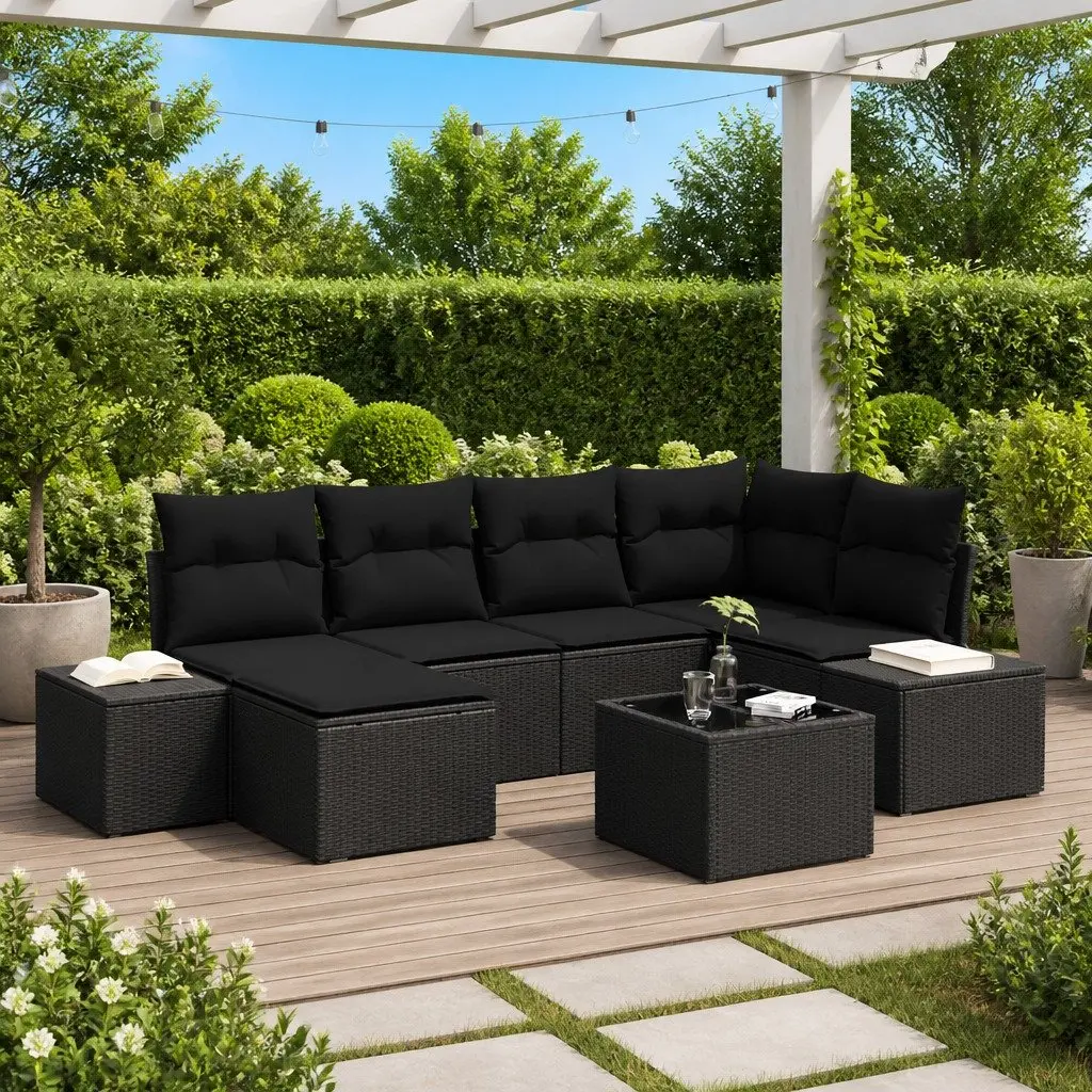 7 Piece Modular Outdoor Sofa Set Poly Rattan Black with Cushions