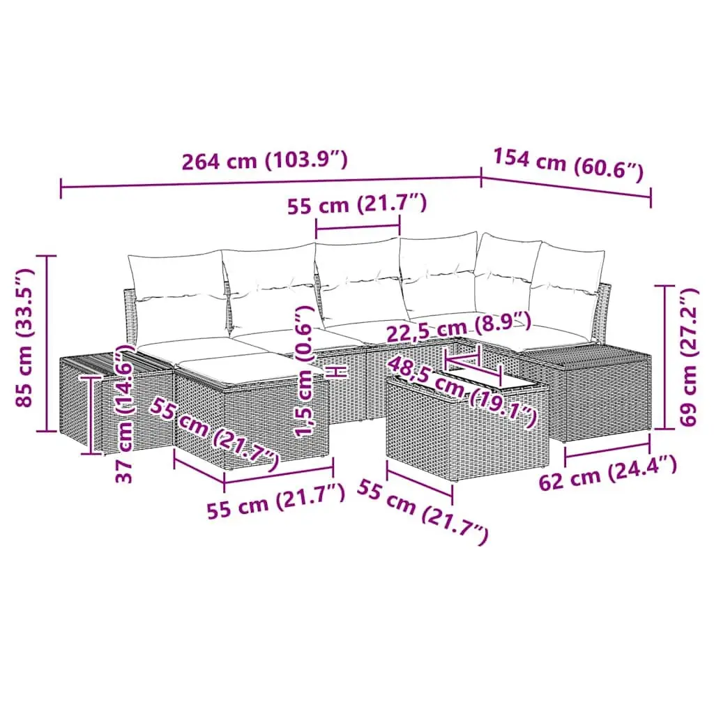 7 Piece Modular Outdoor Sofa Set Poly Rattan Black with Cushions