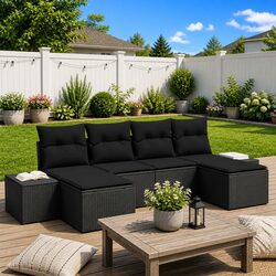 Durable 6 Piece Black Modular Garden Sofa Set with Cushions