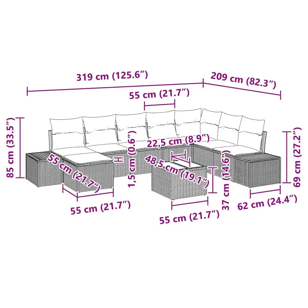 Outdoor Garden Sofa Set Poly Rattan Modular 9 Piece Black