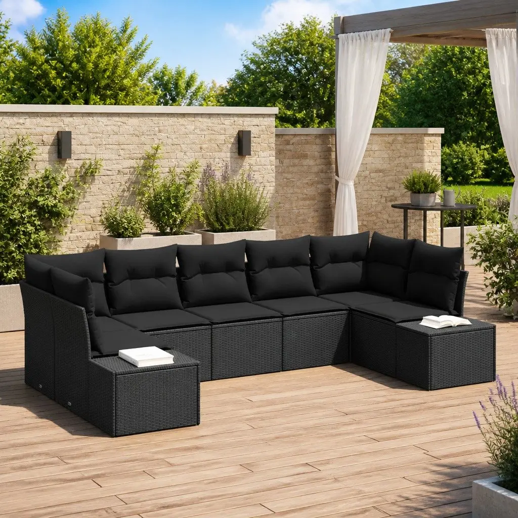 Black Modular 7-Piece Garden Sofa Set with Cushions