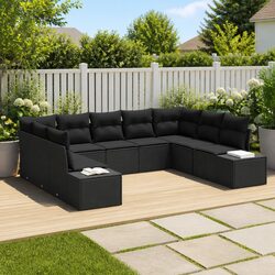 Durable 9-Piece Modular Black Poly Rattan Garden Sofa Set