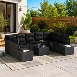 10-Piece Modular Black Poly Rattan Garden Sofa Set