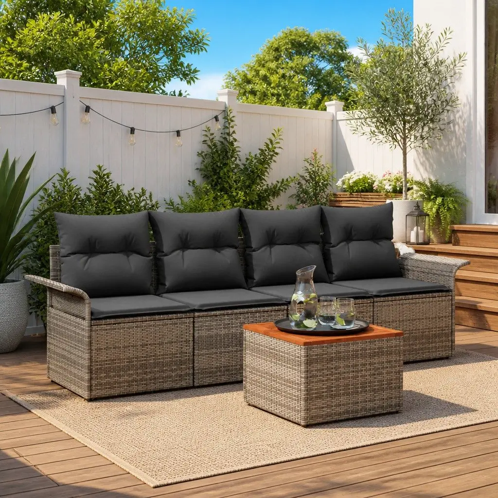 5-Piece Modular Grey Poly Rattan Outdoor Sofa Set