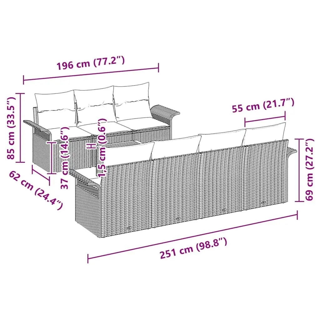 8-Piece Grey Poly Rattan Garden Sofa Set
