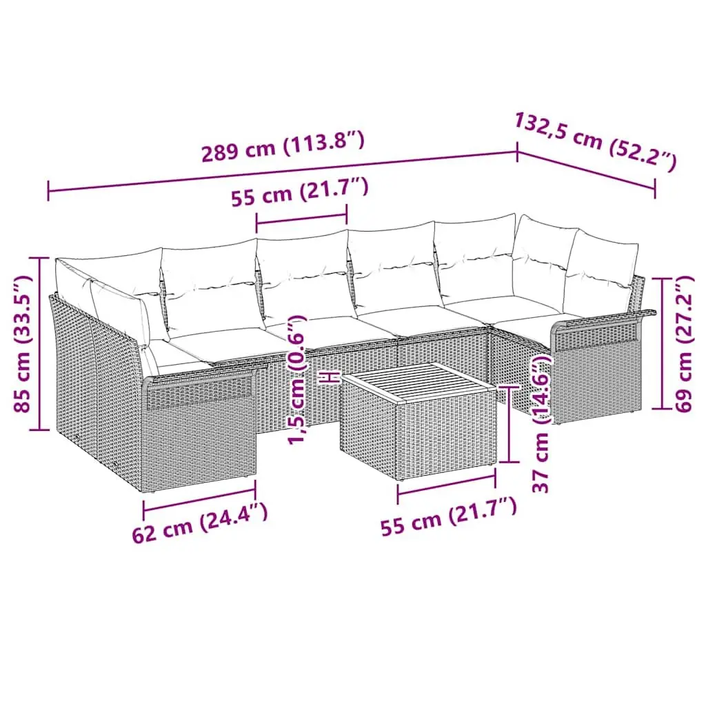 8-Piece Modular Garden Sofa Set with Grey Cushions