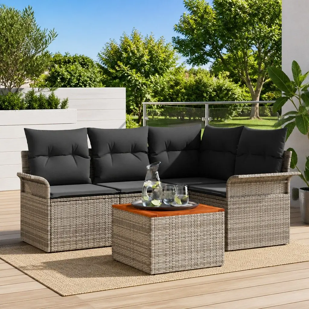 5-Piece Grey Poly Rattan Garden Sofa Set with Table