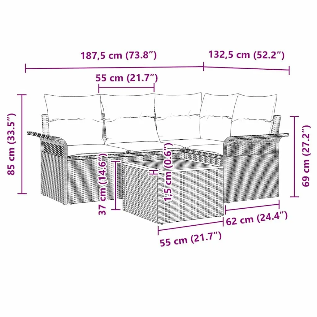 5-Piece Grey Poly Rattan Garden Sofa Set with Table