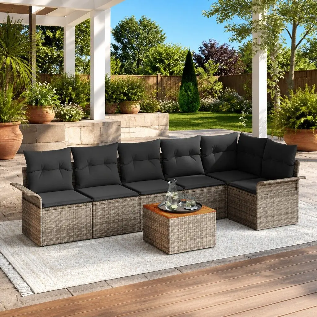 7pc Grey Modular Garden Sofa Set with Acacia Wood