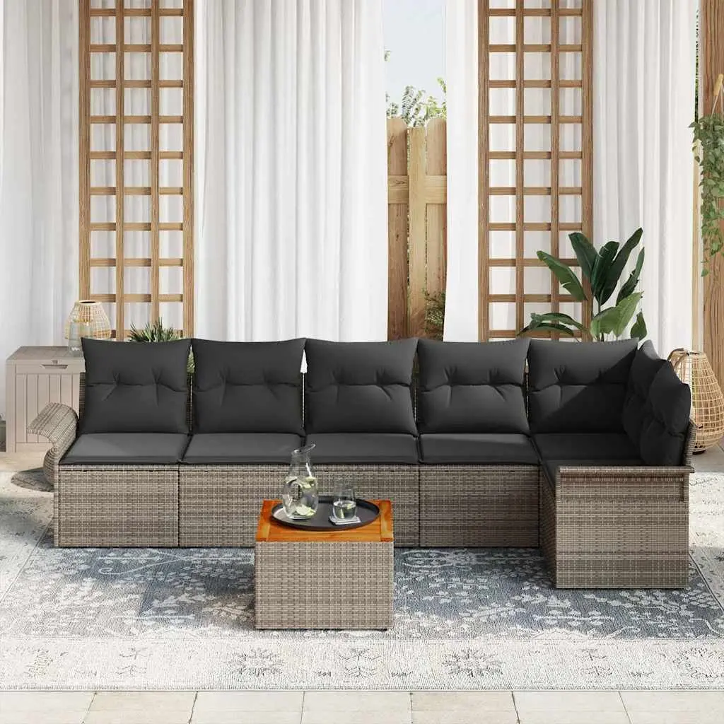7pc Grey Modular Garden Sofa Set with Acacia Wood