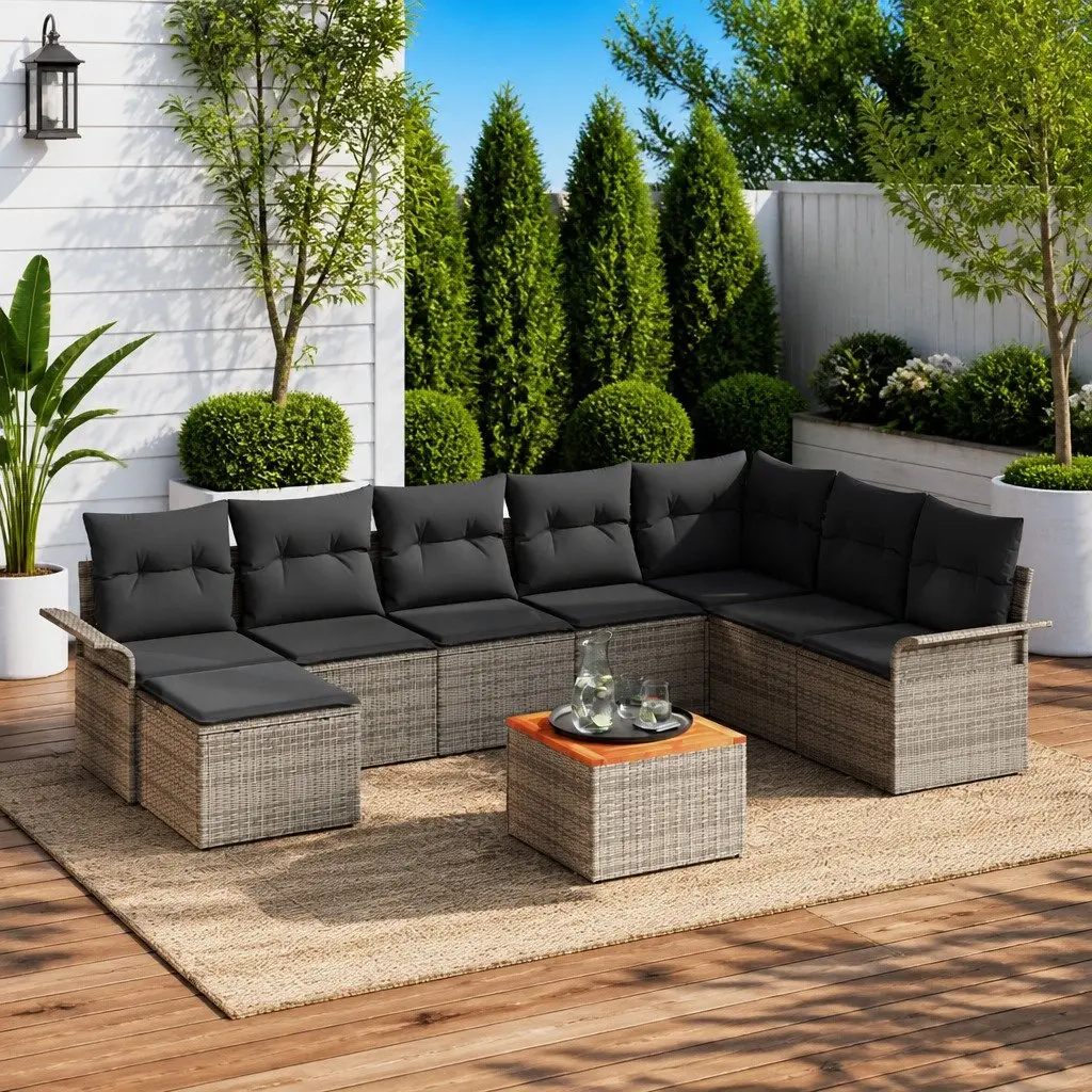 Garden Sofa Set Poly Rattan Solid Acacia Wood 9 Piece Modular Outdoor Furniture Grey