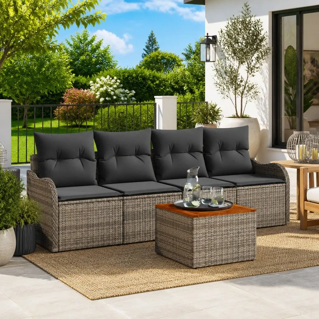 5 Piece Modular Grey Patio Sofa Set with Poly Rattan