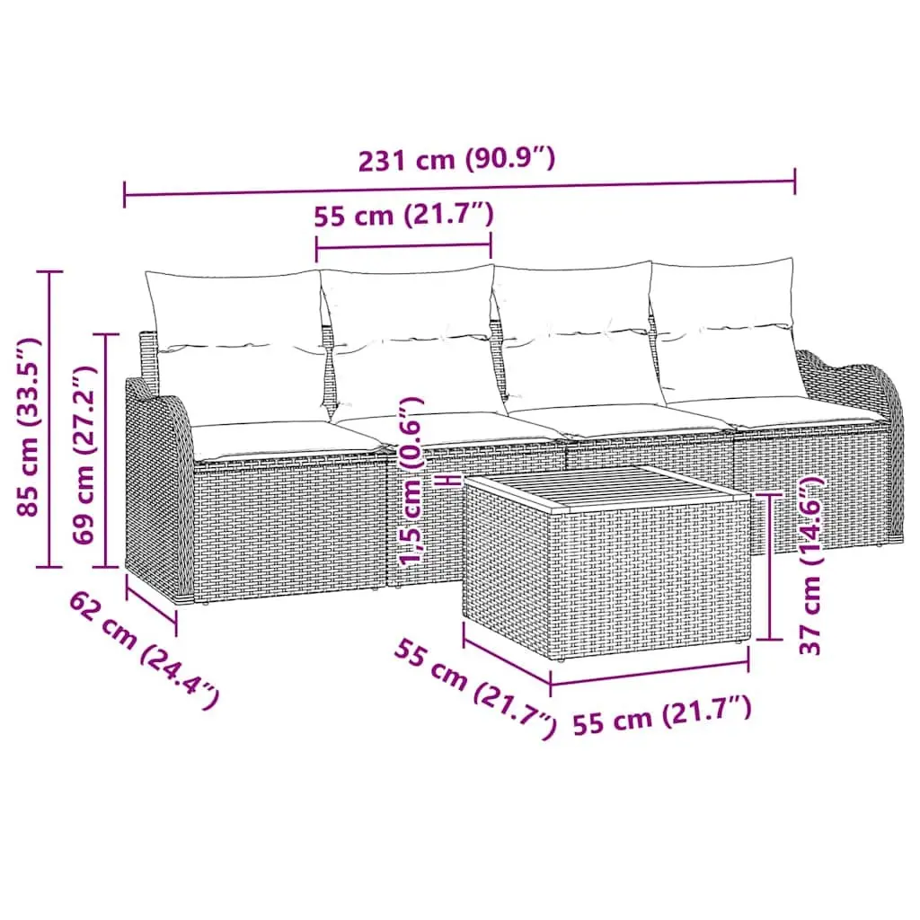 5 Piece Modular Grey Patio Sofa Set with Poly Rattan