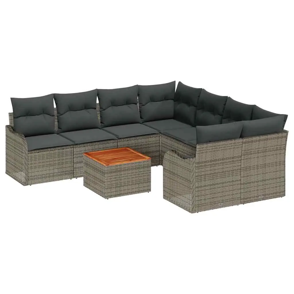9-Piece Grey Poly Rattan Garden Sofa Set