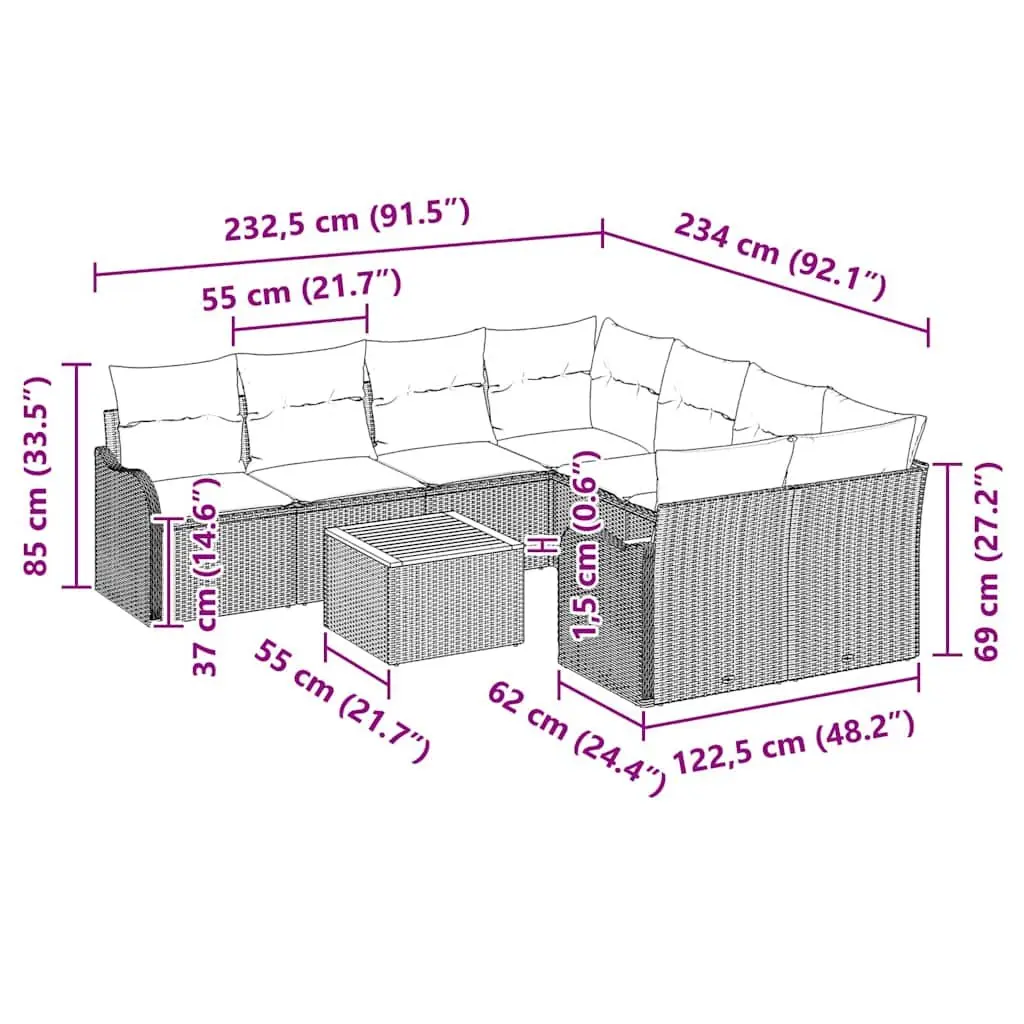 9-Piece Grey Poly Rattan Garden Sofa Set