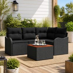 5-Piece Modular Black Poly Rattan Garden Sofa Set