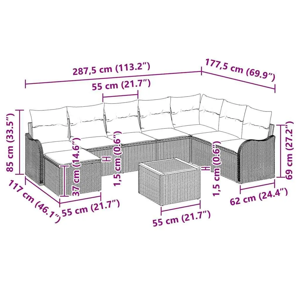 Modular Garden Sofa Set 9 Pieces Grey Poly Rattan