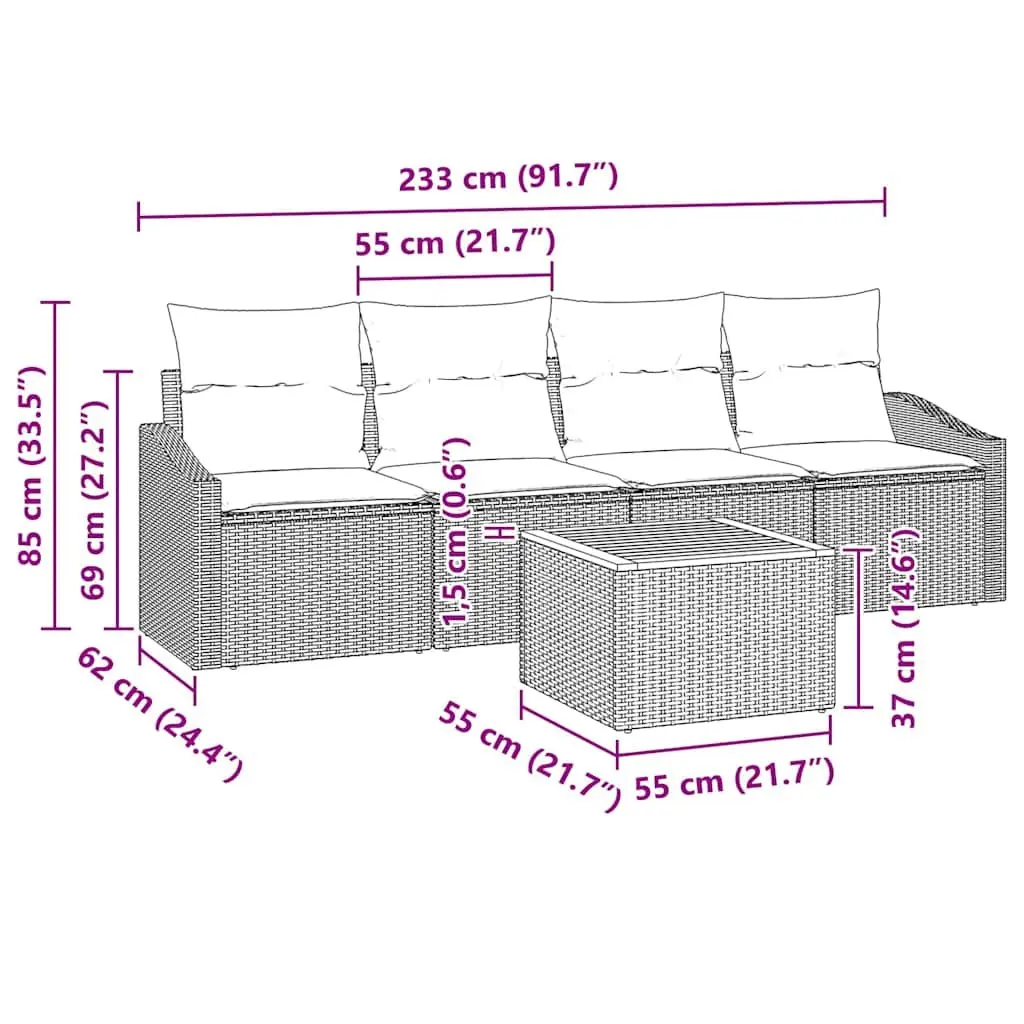 5-Piece Modular Garden Sofa Set in Grey Poly Rattan
