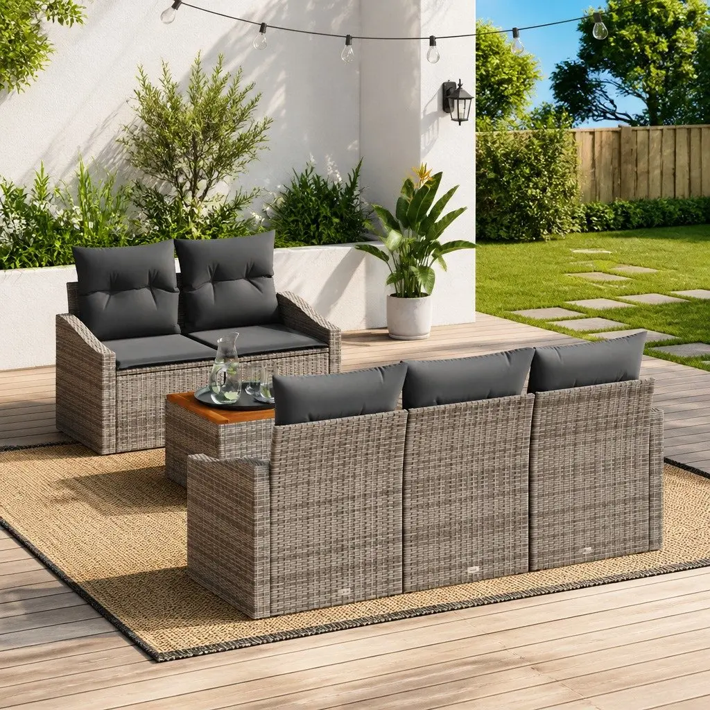 6-Piece Grey Poly Rattan Garden Sofa Set