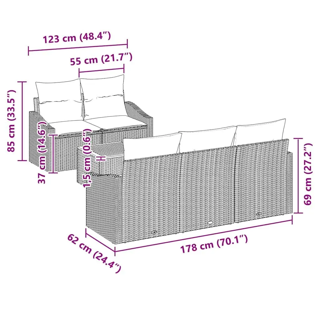 6-Piece Grey Poly Rattan Garden Sofa Set