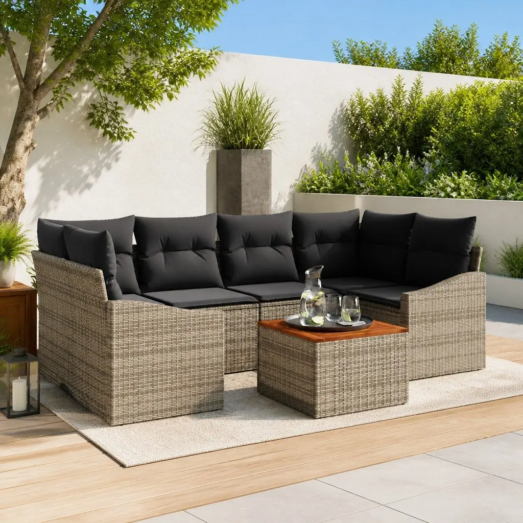 7 Piece Outdoor Garden Sofa Set Poly Rattan Grey with Solid Acacia Wood Table