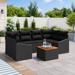 7 Piece Modular Garden Sofa Set with Cushions - Black