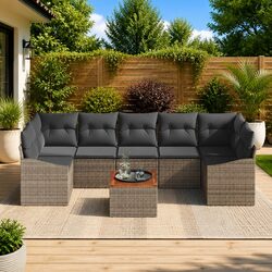 8-Piece Grey Poly Rattan Modular Garden Sofa Set
