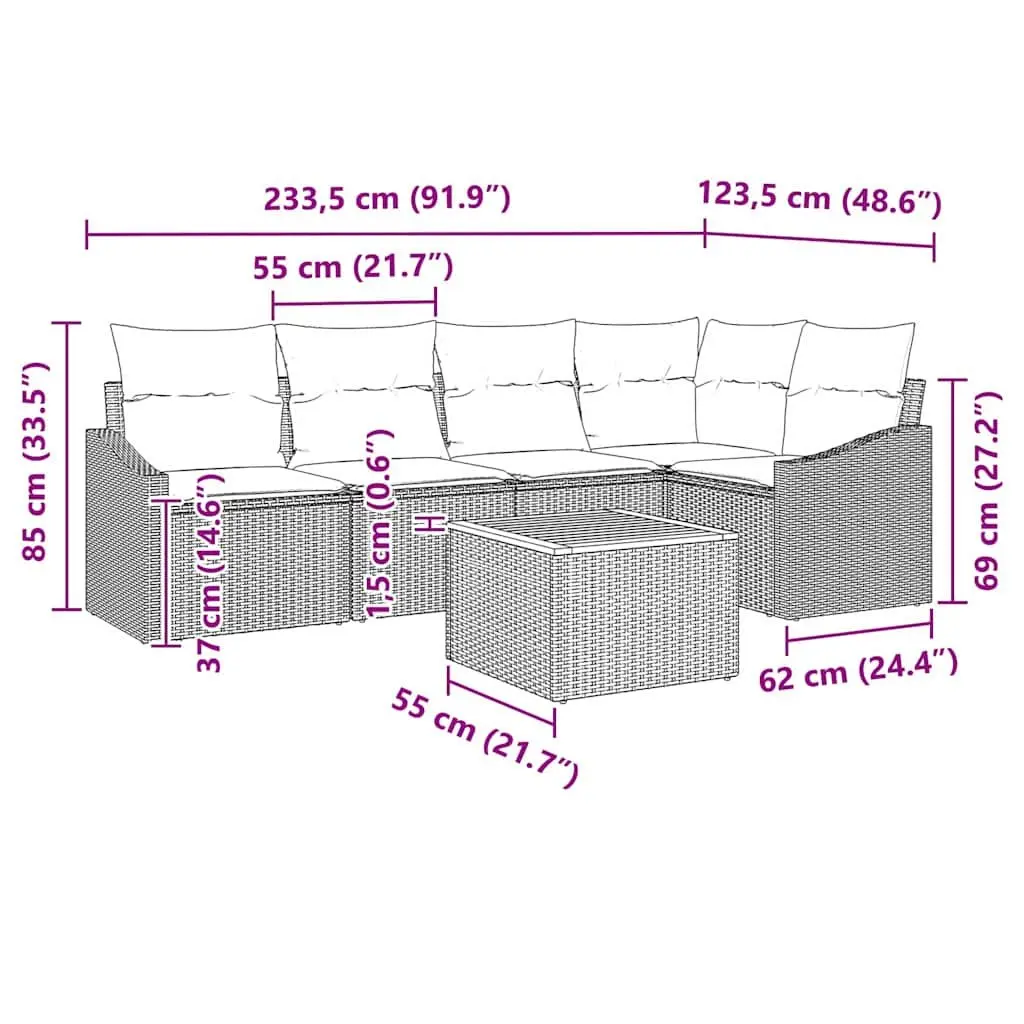6-Piece Grey Poly Rattan Modular Sofa Set