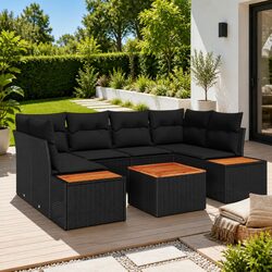 Black Modular 6-Piece Garden Sofa Set with Acacia Table