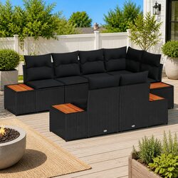 Durable 7-Piece Black Poly Rattan Garden Sofa Set