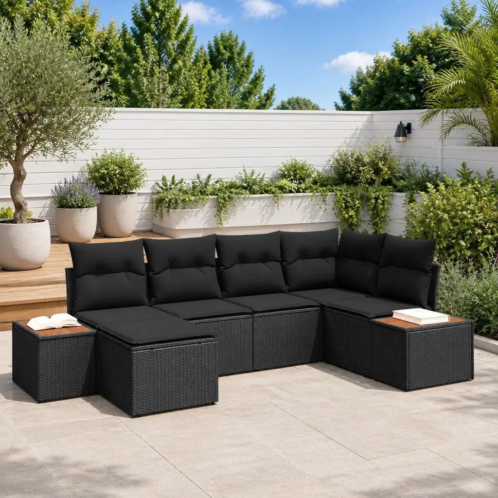 Garden Sofa Set Poly Rattan 6 Pieces Black Outdoor Furniture with Cushions