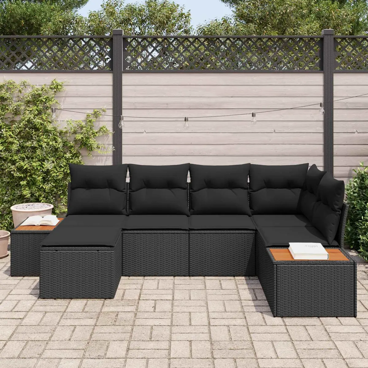 Garden Sofa Set Poly Rattan 6 Pieces Black Outdoor Furniture with Cushions