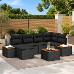 7-Piece Black Poly Rattan Garden Sofa Set with Cushions