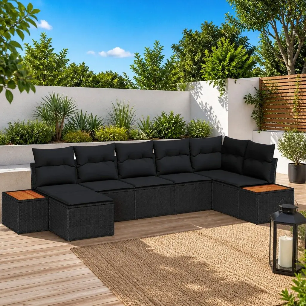 Black Poly Rattan 7-Piece Modular Outdoor Sofa Set