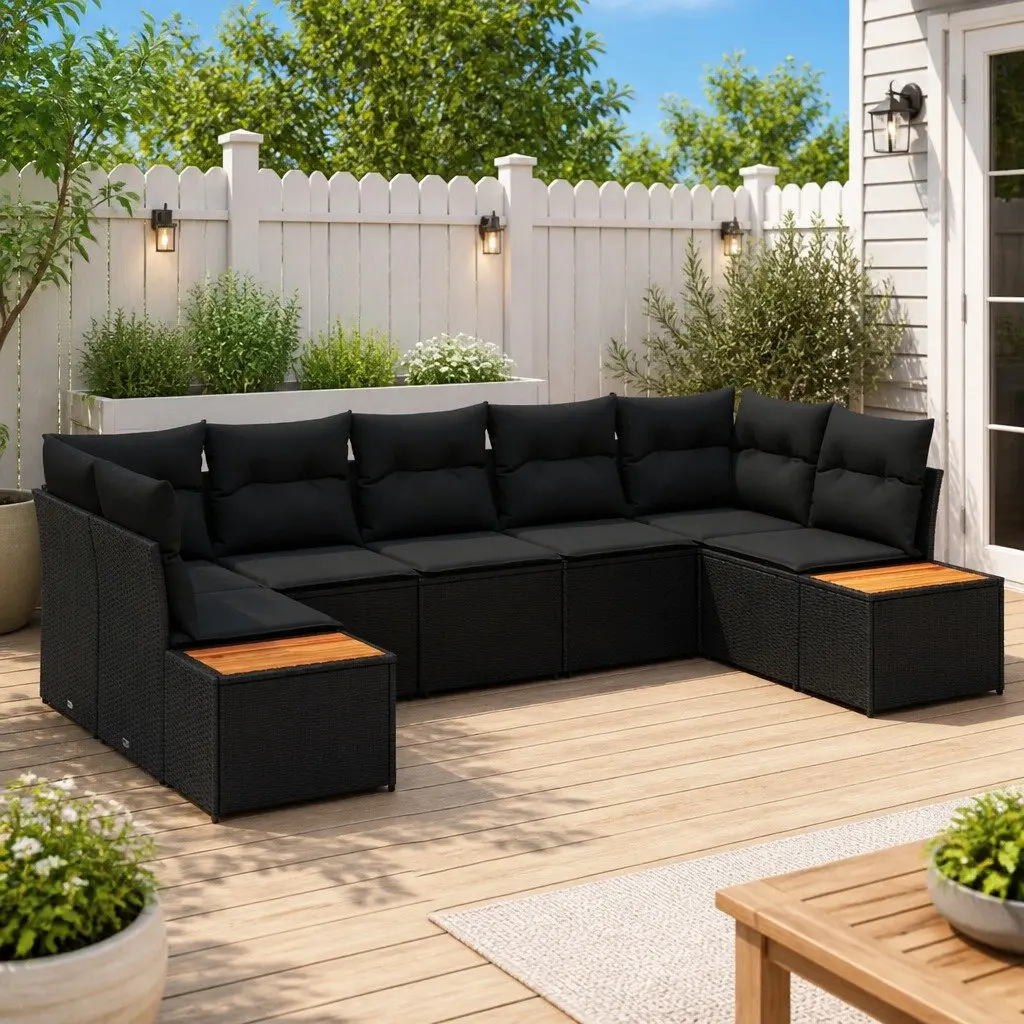 Garden Sofa Set Poly Rattan 7 Piece Black Outdoor Furniture with Cushions Modular