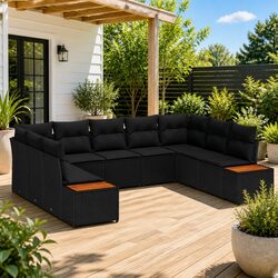 Durable 9-Piece Garden Sofa Set with Poly Rattan and Cushions