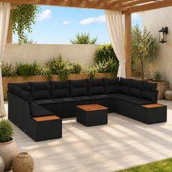 11-Piece Black Poly Rattan Garden Sofa Set for Outdoor Living