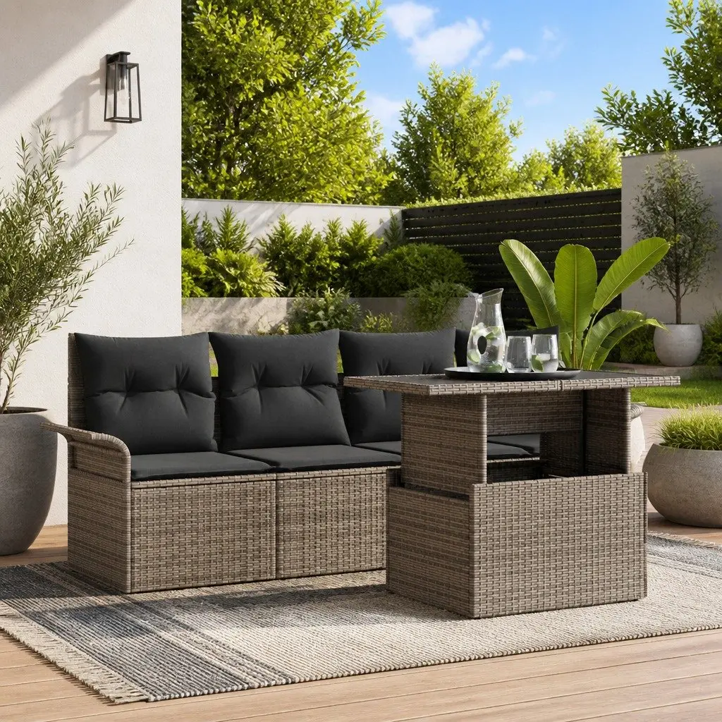 5-Piece Grey Poly Rattan Outdoor Sofa Set