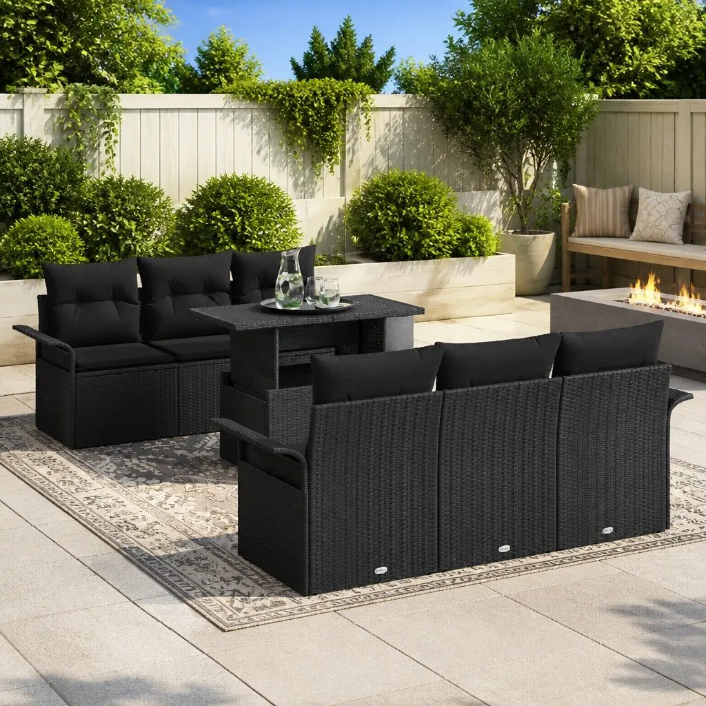 Modular 7-Piece Black Poly Rattan Garden Sofa Set