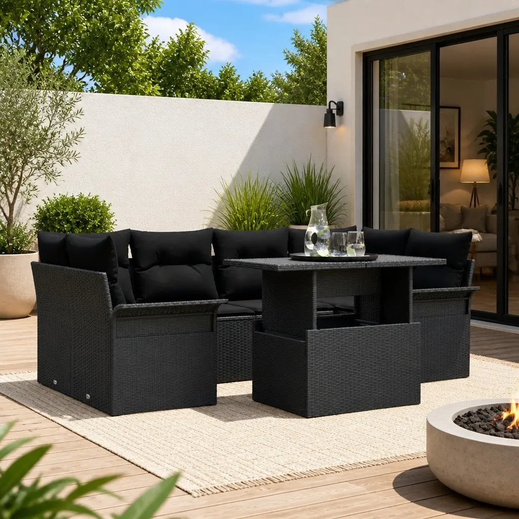 7-Piece Black Poly Rattan Modular Garden Sofa Set