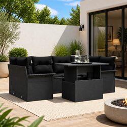 7-Piece Black Poly Rattan Modular Garden Sofa Set