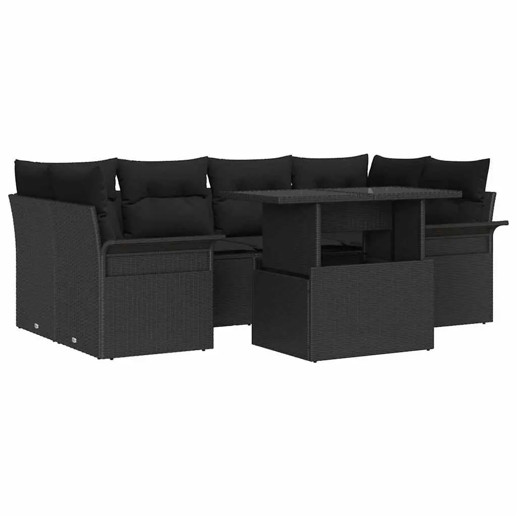 7-Piece Black Poly Rattan Modular Garden Sofa Set