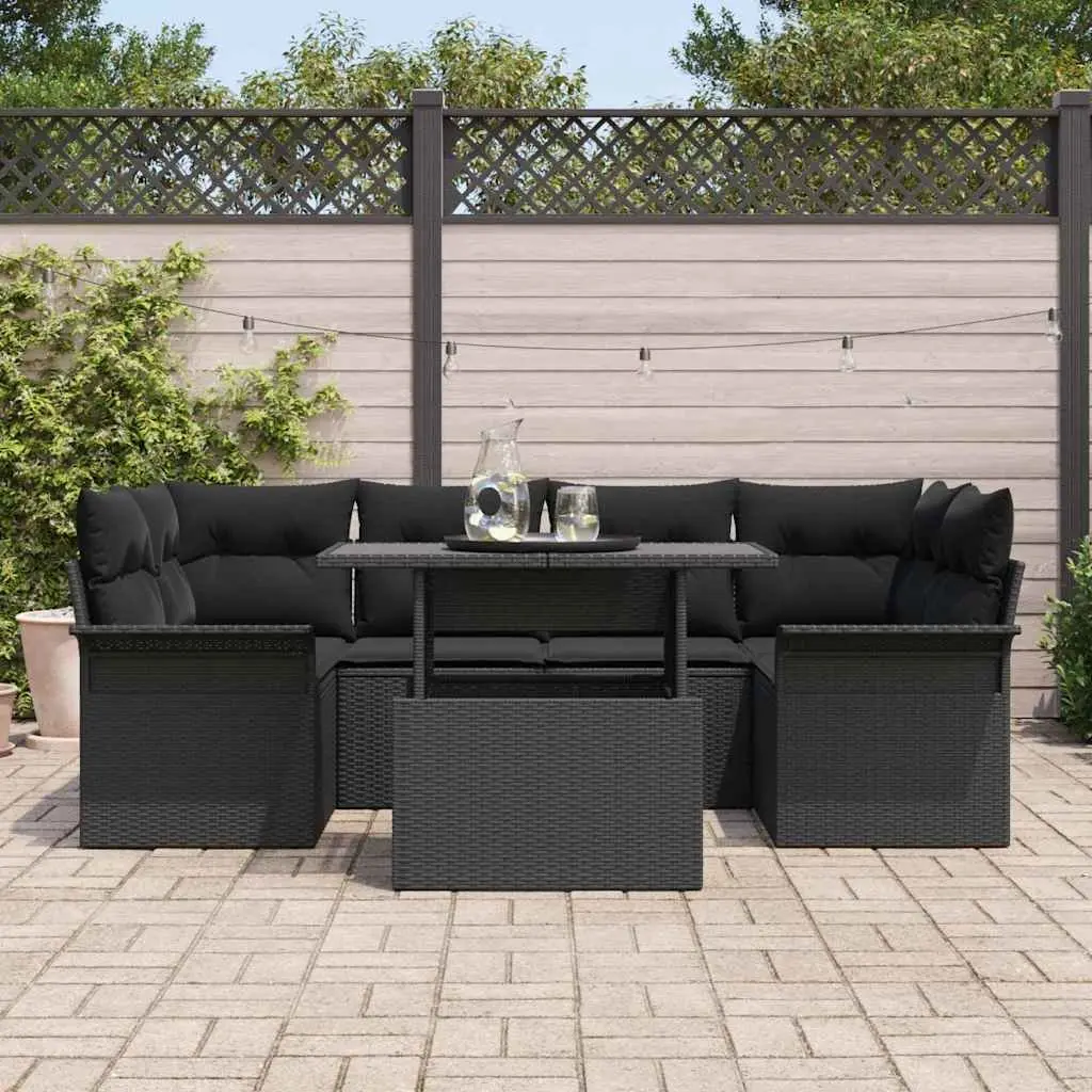7-Piece Black Poly Rattan Modular Garden Sofa Set