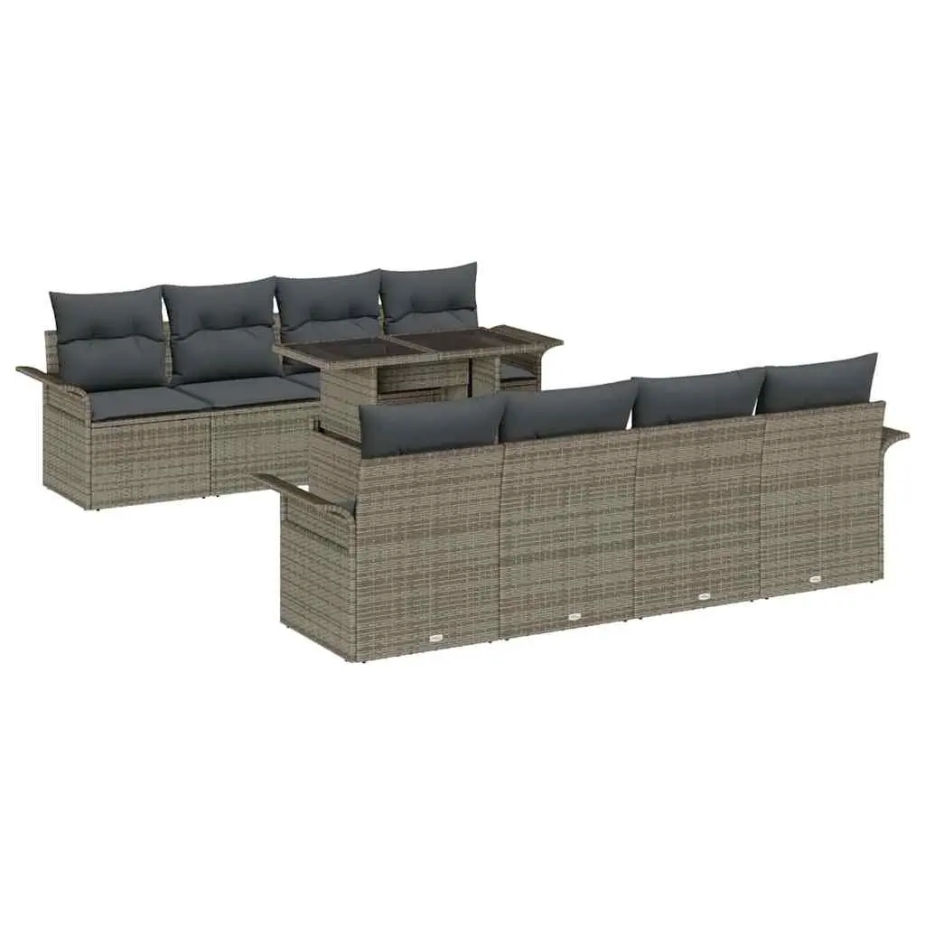 9 Piece Grey Poly Rattan Garden Sofa Set with Cushions