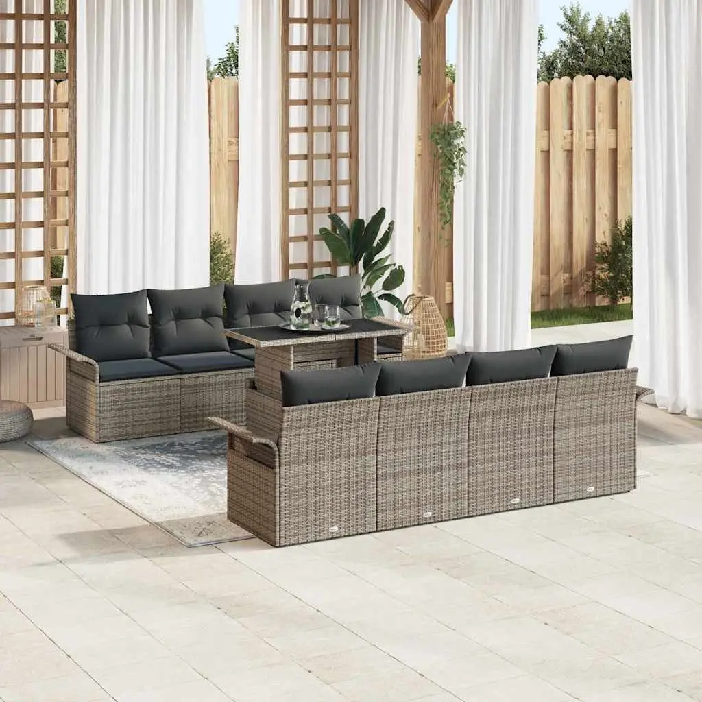 9 Piece Grey Poly Rattan Garden Sofa Set with Cushions