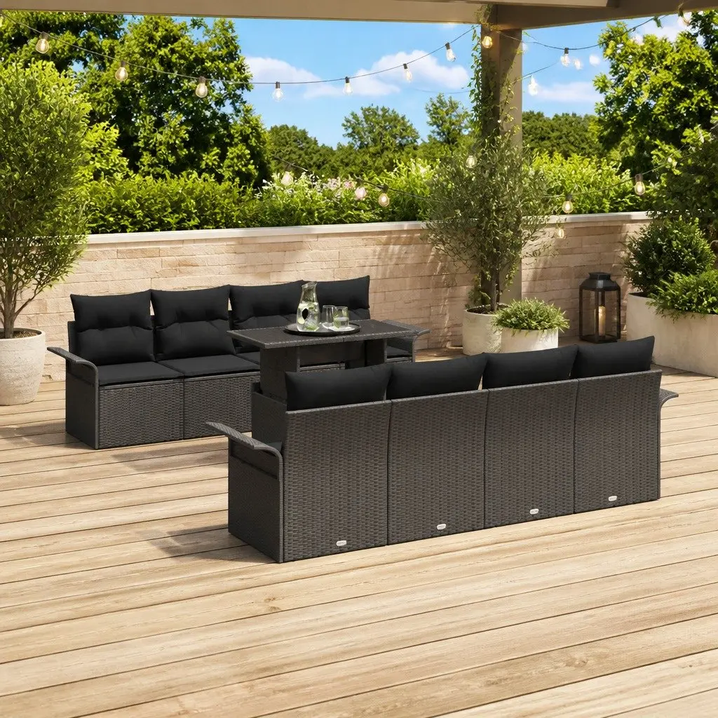 Garden Sofa Set Poly Rattan Solid Acacia Wood 9 Piece Black Outdoor Furniture