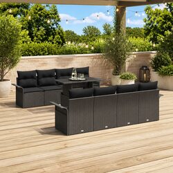 9-Piece Black Modular Garden Sofa Set with Acacia Wood